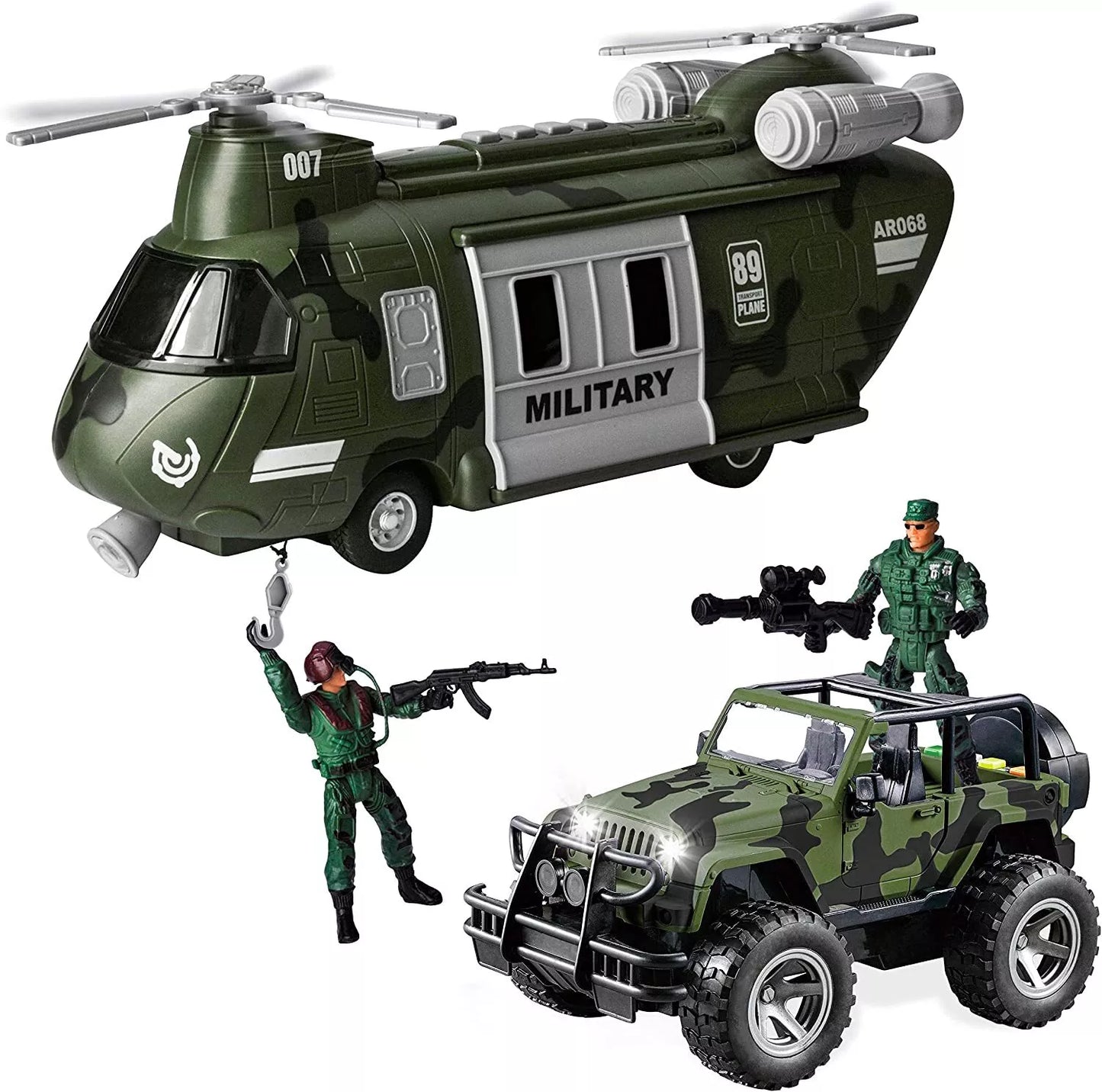 Joyin Military Vehicles Play Set,1 Helicopter,1 Truck,2 Soldiers,1 Dog, Light and Sound