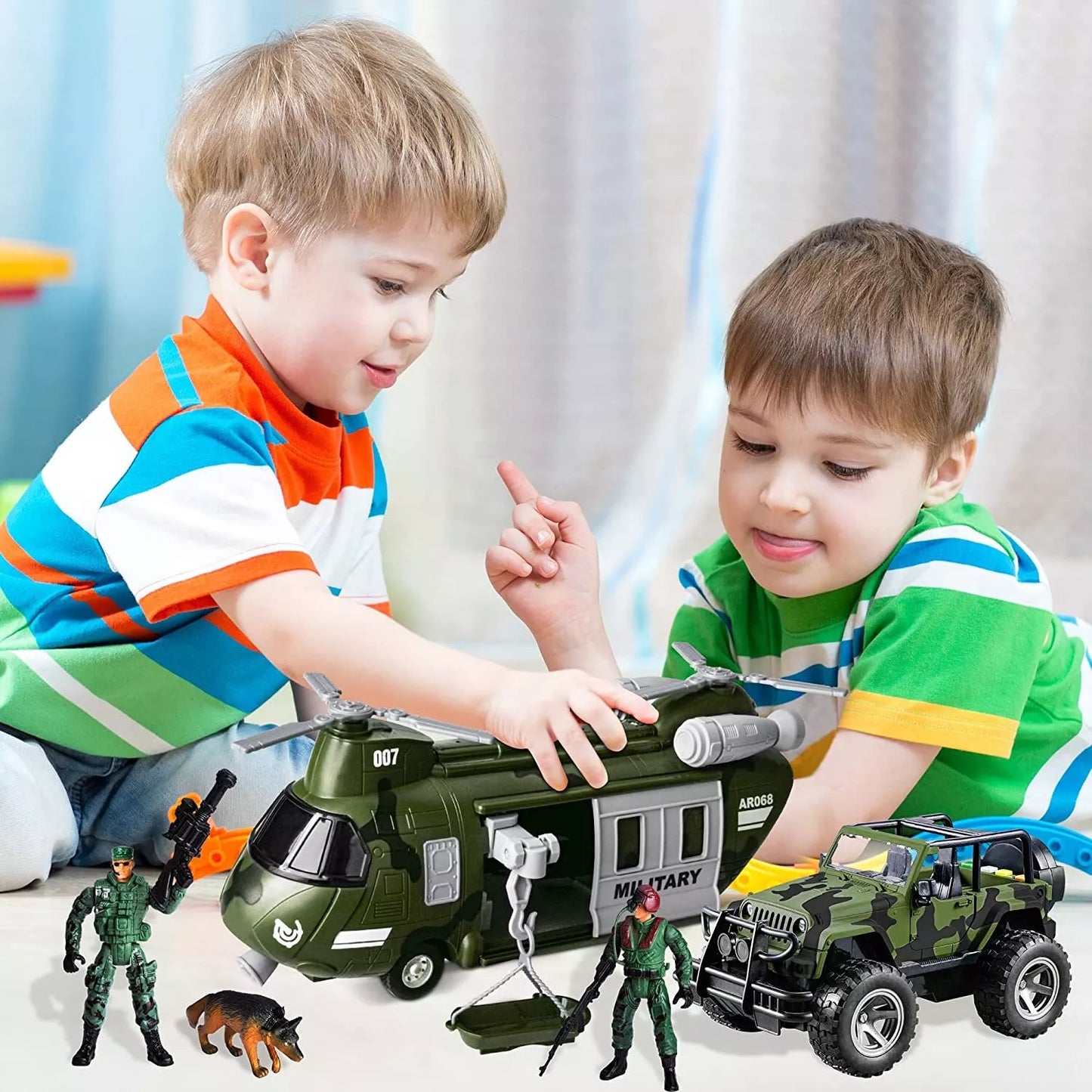 Joyin Military Vehicles Play Set,1 Helicopter,1 Truck,2 Soldiers,1 Dog, Light and Sound